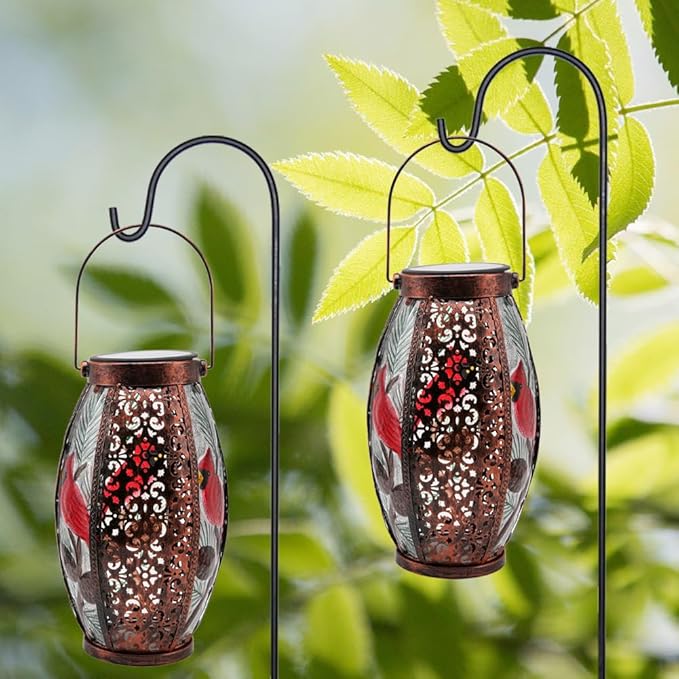 2PCS Cardinal Solar Lanterns Glass & Metal Hanging Light Outdoor Waterproof 16" H Tabletop Lamp with Hollowed-Out Design with Shepherd's Hooks for Garden Patio Table Decor