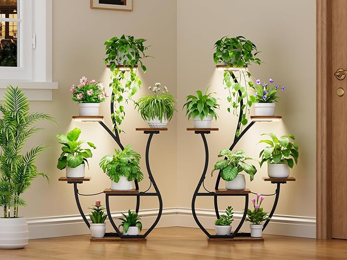 Plant Stand Indoor with Grow Lights - 2 Pack Indoor Plant Shelf, 6 Tiered Corner Plant Stands for Indoor Plants, Swan-Shaped Plant Holder, Metal Flower Display Rack for Living Room, Patio Decor（Black)