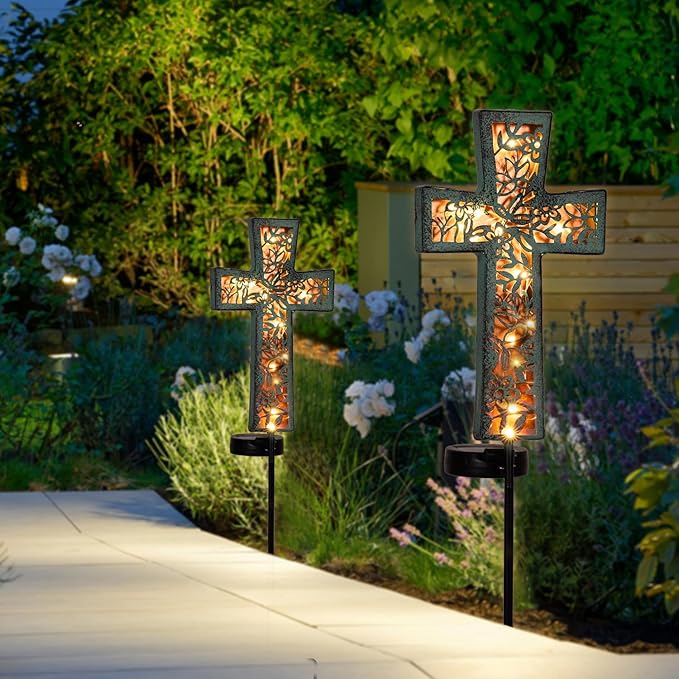 Solar Cross Garden Stake Lights 38inch Outdoor Waterproof Memorial Garden Decor 2 Lighting Modes Cemetery Decorations for Grave for Remembrance Gifts & Sympathy Gifts (Blue Cross)
