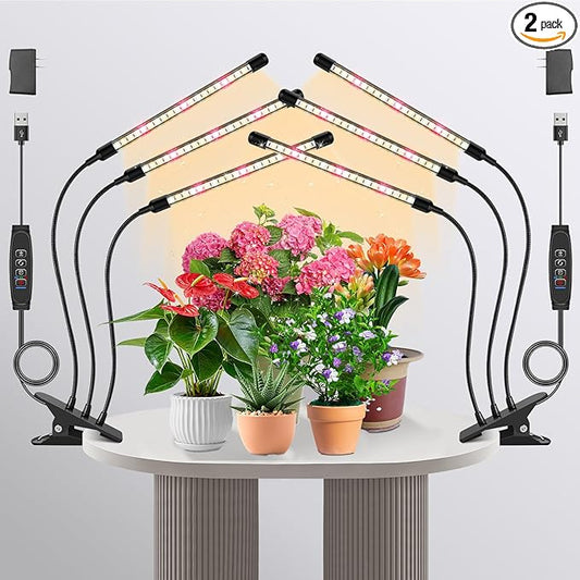 Full Spectrum LED Grow Light for Indoor Plants, 3Heads Grow Lights for Seed Starting, 10 Dimmable Levels & 3 Timer Modes (3/9/12H), Adjustable 360° Gooseneck with Clip, Plant Grow Light 2 Pack