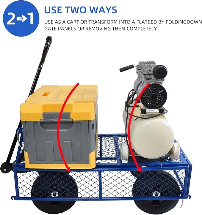 Heavy Duty 480 Lbs Capacity Mesh Steel Garden Cart Folding Utility Wagon with Removable Sides (Blue)