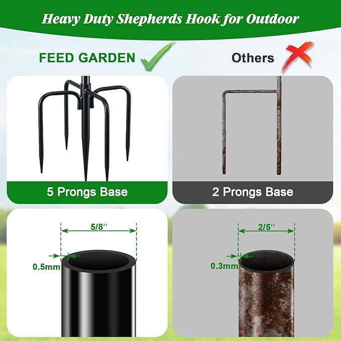 FEED GARDEN Short Shepherds Hooks for Outdoor, 48 Inch Bird Feeder Pole with 5 Prongs Base, Heavy Duty Shepherds Hook Garden Hook for Hummingbird Feeder, Hanging Lantern, Plant Baskets, 2 Pack