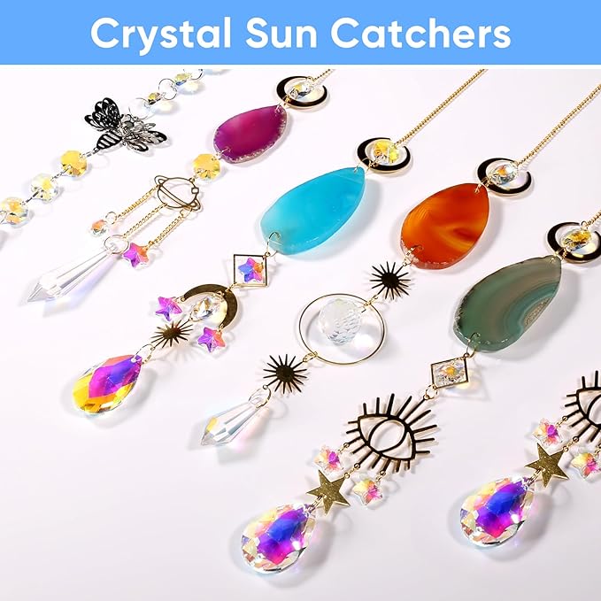 7 PCS Crystal Suncatcher, Hanging Suncatchers with Crystals Light, Sun Catchers Indoor Window Catcher with Prism Pendants Agate Slices,Tree of Life Crystal Suncatchers Indoor Outdoor Home Garden Decor
