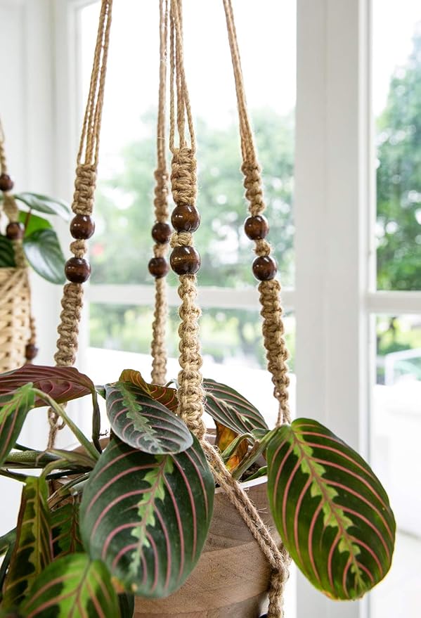 Mkono Macrame Plant Hanger Indoor Jute Hanging Planter Basket with Wood Beads Decorative Flower Pot Holder No Tassels for Indoor Outdoor Boho Home Decor 35 Inch, Brown, Set of 2 (POTS NOT Included)