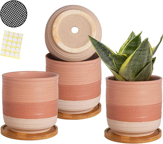 5.25 Inch Ceramic Planter Pot for Indoor Plants with Drainage Holes, Coarse Glazed Gradient Color Flower Planter Pots with Bamboo Saucer, for Succulent, Snake Plants, Cactus & Herbs, Set of 4
