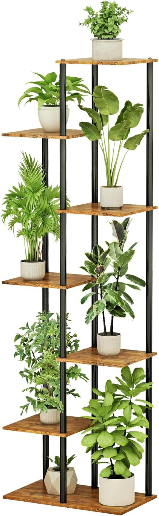 Plant Stand Indoor 7 Tier 8 Potted Metal Wood Plant Shelf, Multiple Flower Pots Corner Tall Plant Holder Stands for Living Room Balcony Bedroom, Rustic Brown