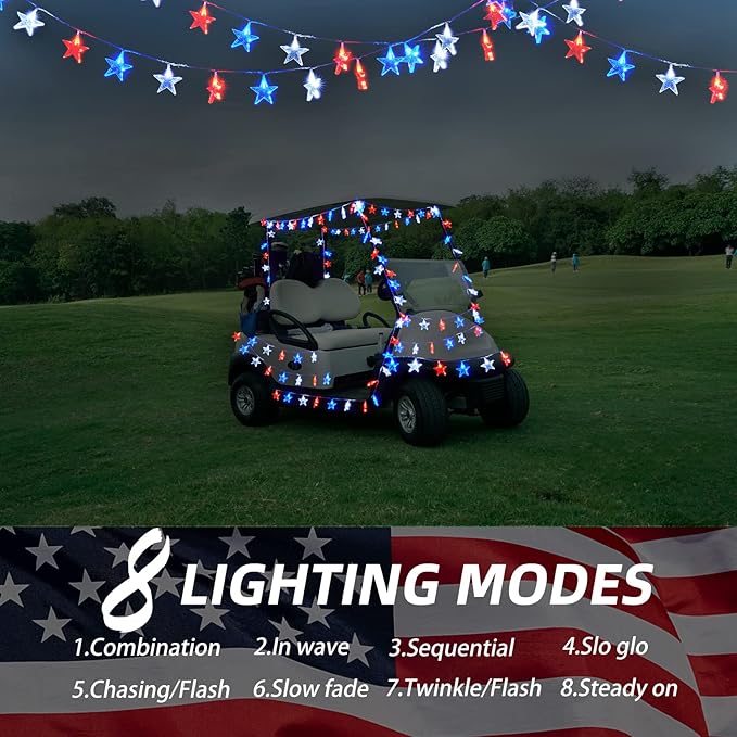 4th of July Decorations Red White Blue Lights with 60Led Big Stars, Solar Powered Rechargeable Independence Day Lights for Indoor Outdoor Home Garden Golf Cart Patriotic Theme Memorial Day Decorations