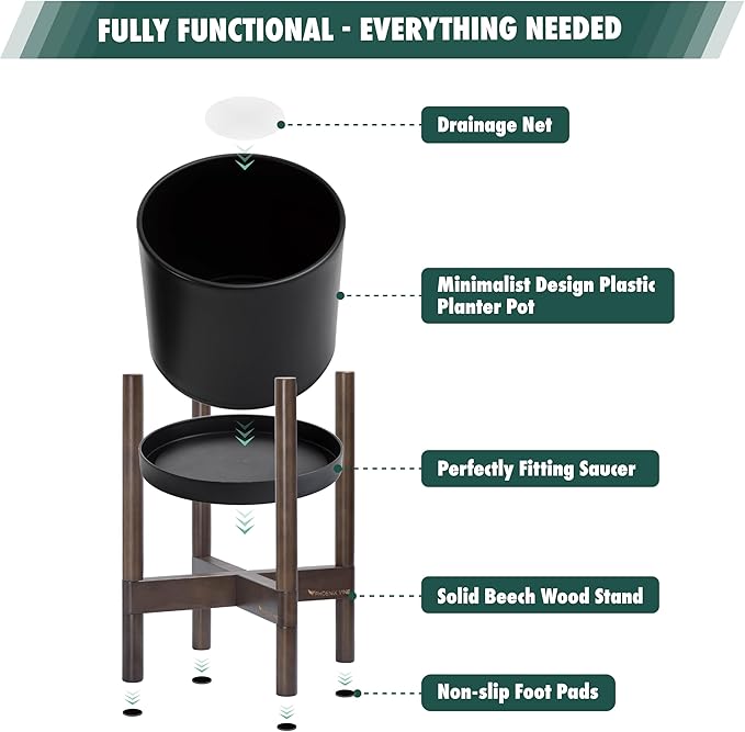 D'vine Dev Planter Pot with Stand - 16 Inch Plastic Cylinder Flower Pot with Wood Planter Holder for Indoor, Matte Black Pot + Walnut Color Stand, 55-C-X-2