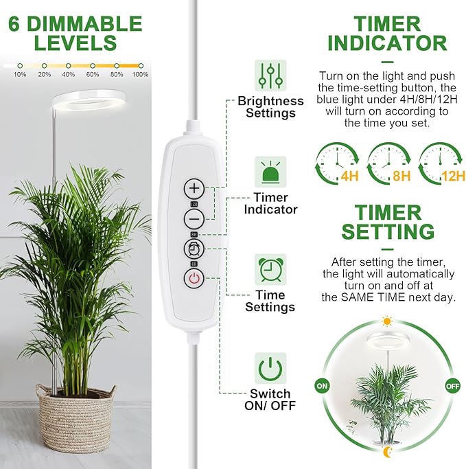 LORDEM Grow Light for Indoor Plants, 7.9" Full Spectrum LED Plant Grow Light, Height Adjustable Growing Lamp with Auto Timer 4H/8H/12H, 6 Dimmable Levels, Ideal for Indoor Large Tall Plants, 2 Packs