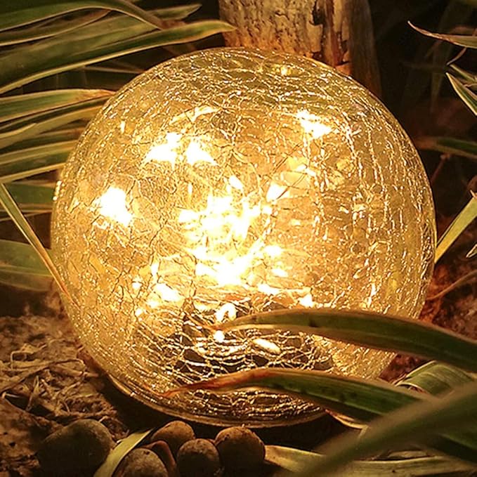 TOMEX Solar Garden Lights, Cracked Glass Ball Waterproof Warm White LED for Outdoor Decor Decorations Pathway Patio Yard Lawn, 1Pack (5.9")