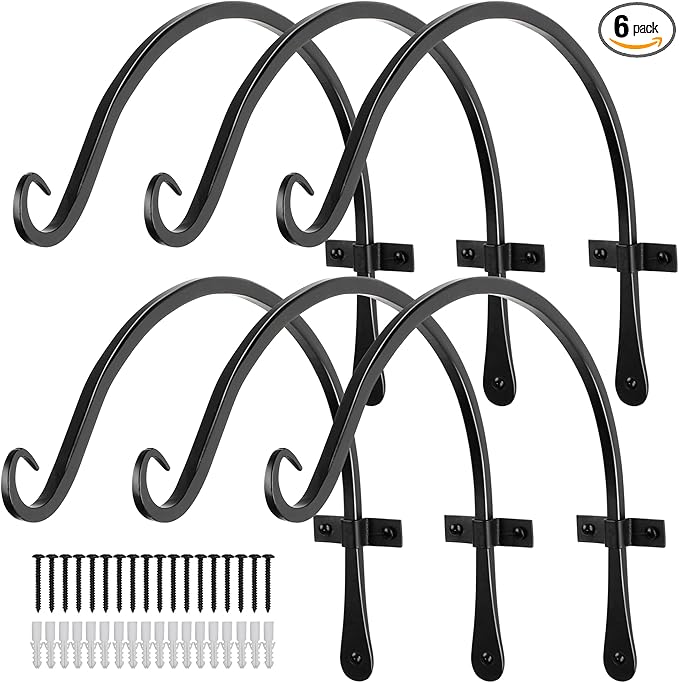 Worth Garden 6-Pack 14" Plant Hanger Bracket - Hand-Forged Wrought Iron Powder-Coated Heavy Duty Wall Hooks - Black Curved Plant Hanging Hooks for Bird Feeders, Flower Baskets, Indoor & Outdoor Use