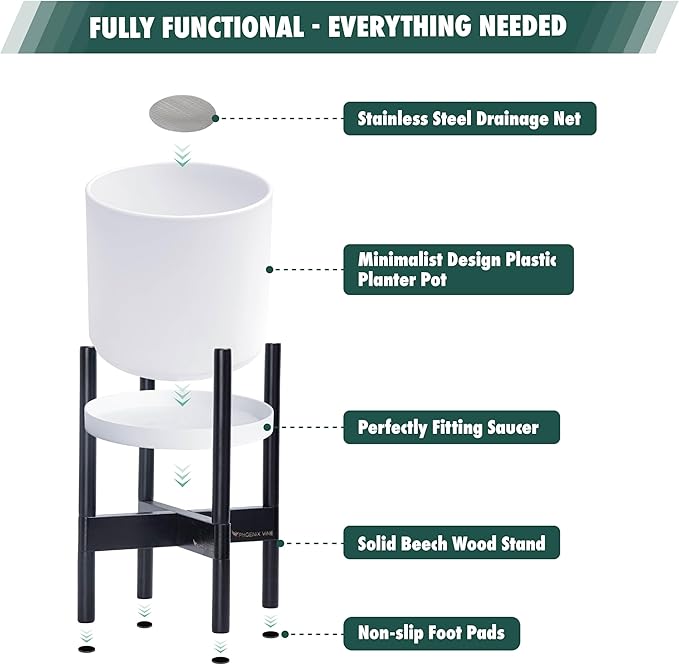 D'vine Dev Planter Pot with Stand - 10 Inch Plastic Cylinder Flower Pot with Wood Planter Holder for Indoor, Matte White Pot + Ebony Stand, 55-C-N-1