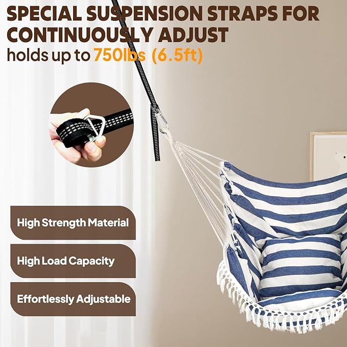 Chihee Hammock Chair Hanging Swing 2 Pillows Included,Strong Webbing Straps and Hooks for Easy Hanging Soft Cotton Hanging Chair Side Pocket Tassel Chair Comfort Indoor Outdoor Blue White