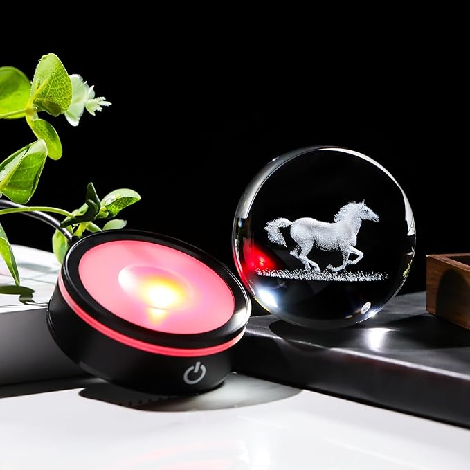YWHL 3D Crystal Ball Horse Figurine with LED Base, Horse Gifts for Men Women Horse Lovers on Christmas Birthday, Horse Statue Glass Sphere Animal Decorative Ball for Home Decor (80mm)