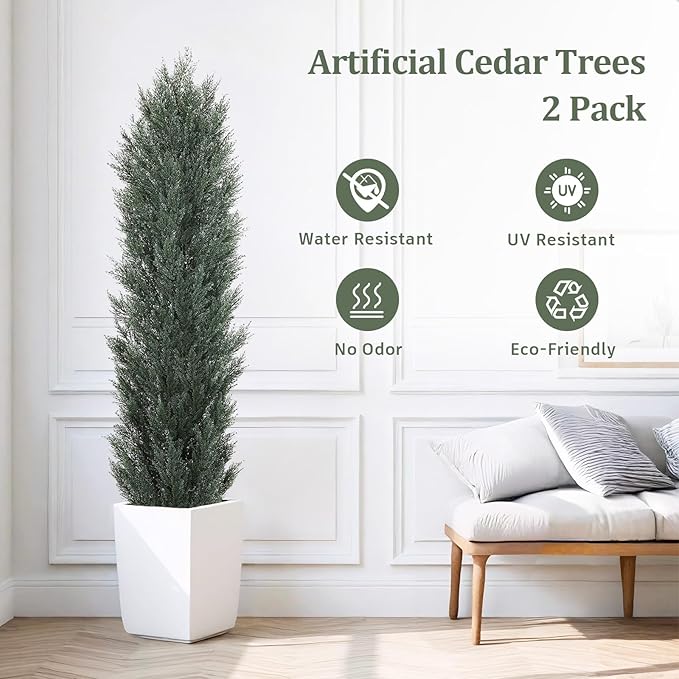 THE BLOOM TIMES 6ft Tall Topiary Trees Artificial Outdoor – UV Resistant Faux Cedar Pine Cypress Bushes and Shrubs, Fake Potted Plants for Front Porch Outside Planter Patio Decor, Set of 2 (6 Foot)