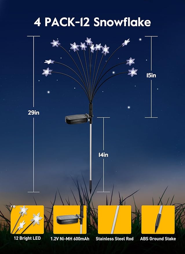 Brightown Christmas Pathway Lights - 4 Pack 48 LED Snowflake Outdoor Lights With 2 Modes, Waterproof Solar Firefly Decoration for Yard, Cool White
