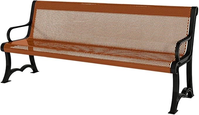 Heavy-Duty Outdoor Bench Thermoplastic Coated, Punched Steel, Commercial-Grade Garden Bench, Made in America (Portable with Back, 4 Ft, Textured Copper)
