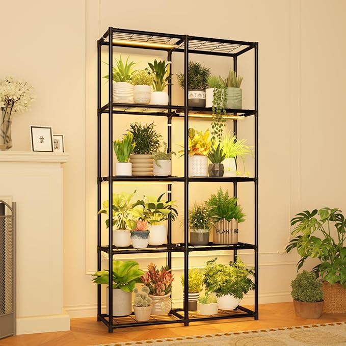 Plant Stand With Grow Light Indoor Outdoor Tall Wide Plant Shelf Metal Waterproof Black Plant Rack for Multiple Plant Holder Flower Pot Table 5 Tiers
