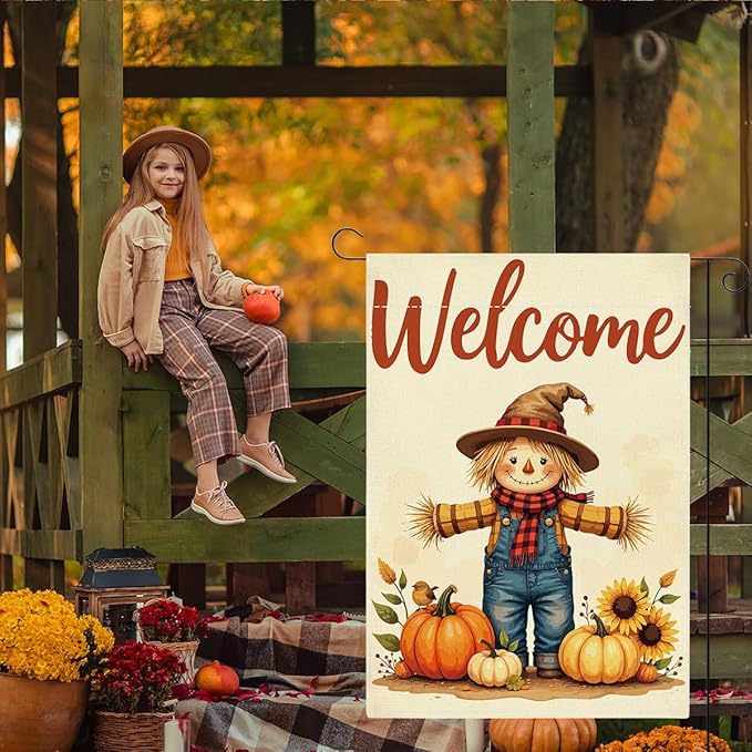 Fall Welcome Garden Flag Autumn Thanksgiving Scarecrow Garden Flag 12x18 inch Double Sided Fall Thankful Flags Holiday Decorations for Yard Lawn Patio (Flay 1810)