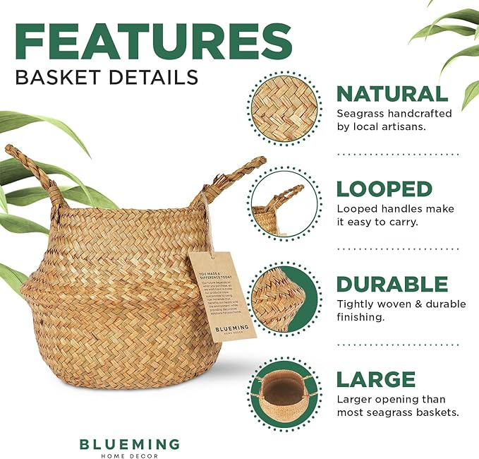 Basket Planter – Seagrass Plant Pot for Artificial Olive Tree, Decorative 6-7 Inch Indoor Wicker Pot with Handles (Original, Small)