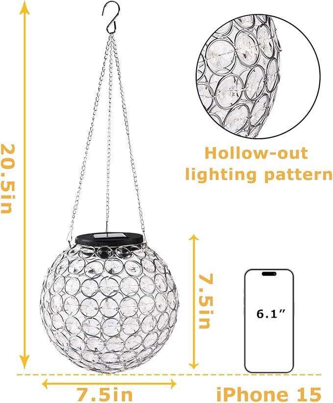 Solar Lantern Hanging Outdoor Christmas Decorative, Dual LEDs Dia 7.5‘’ Color Changing and Cool White Crystal Globe Hanging Lights Waterproof with S Hooks Decor in Garden, Pathway, Front Door-Clear