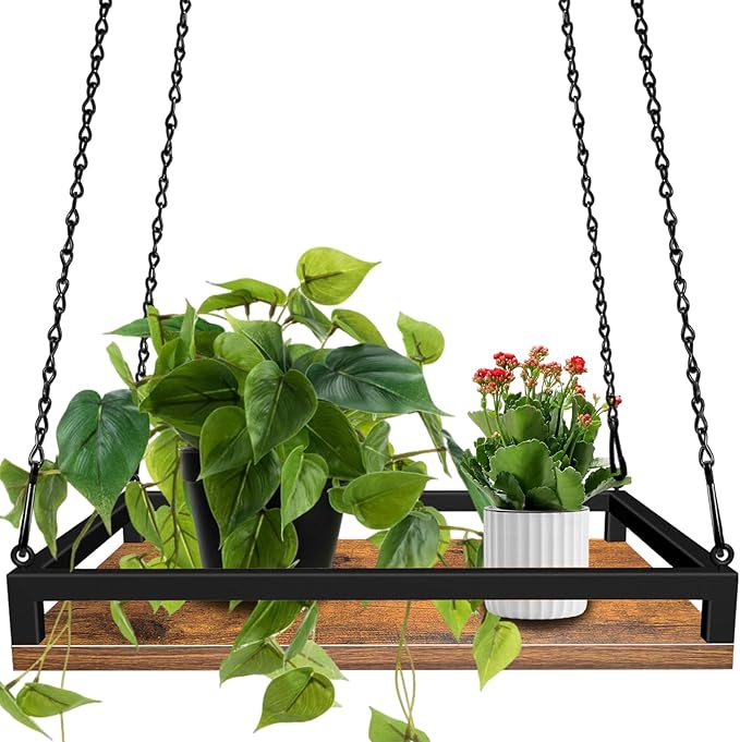 Plant Hanger Indoor, 16" Wooden Hanging Plant Holder with Metal Frame Large Hanging Planter for Indoor Plants Load 50LB Hanging Plant Shelf with 27.6" Long Chain, Ideal for Heavier Pots Window Ceiling