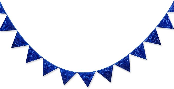 pinkblume Royal Blue Decorations Double Sided Sequin Navy Blue Fabric Triangle Pennant Banner Flag Bunting Garland for Blue Nautical Ahoy Achor Theme Nursery Classroom Home Bedroom Wall Decor