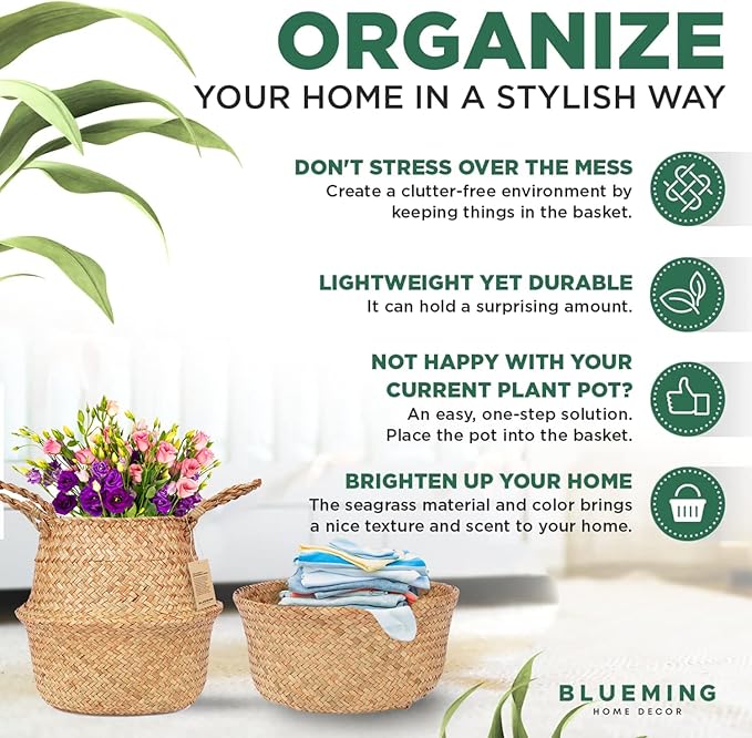 Basket Planter – Seagrass Plant Pot for Artificial Olive Tree, Decorative 6-7 Inch Indoor Wicker Pot with Handles (Original, Small)