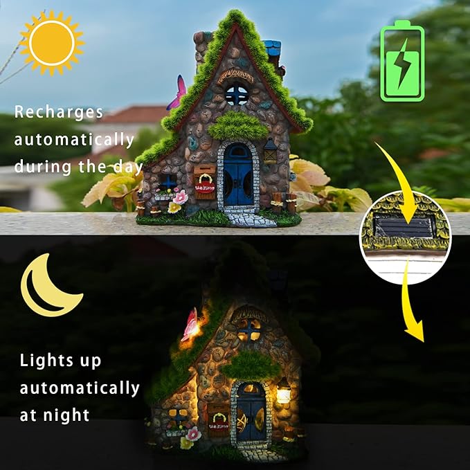 ASAWASA Resin Fairy House Statues with Solar Powered Lights, Funny Garden Sculptures with Flocked and Cobblestone Decor, Exquisite Garden Cottage Figurines