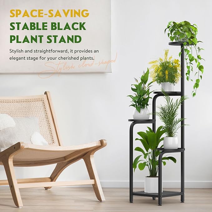 TOSKING 5 Tier Metal Plant Stand Indoor 48''H Tall ,Heavy Duty Plant Shelf , Corner Shelf Flower Pot Stand for Outdoor Plant Stand for Living Room Balcony Garden Patio Bedroom (Black)