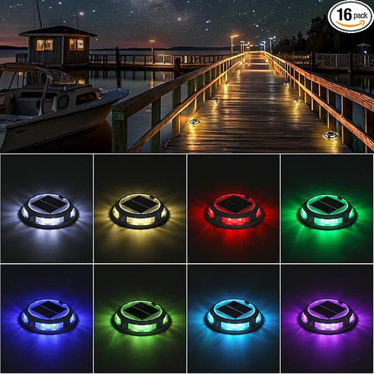 Solar Driveway Lights Outdoor 16 Pack, 9 Colors Solar Deck Dock Lights Outdoor Waterproof IP68, 3 Dynamic Light Modes, Driveway Marker for Warning Stair, Boat Dock, Step, Walkway, Patio Decor