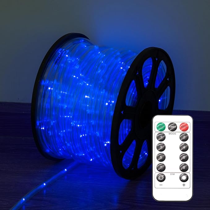 LED Rope Lights for Outside, 150Ft 360° Blue Solar Rope Lights Outdoor Waterproof, 643 LEDs 110V 8 Modes Remote Control Timer Christmas Rope Lights for Party Holiday Garden Decoration (Blue)