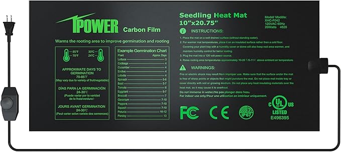 iPower 10"x20.75" Seeding Heat Mat, Adjustable Temperature Waterproof Durable Germination Station, Hydroponic Heating Pad for Indoor Gardening