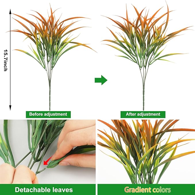 Ouddy Decor 16 Bundles Artificial Fall Plants Outdoor Fake Grass Stems UV Resistant Faux Plastic Plants Shrubs for Autumn Home Garden Pathway Farmhouse Front Porch Harvest Thanksgiving Decor, Orange