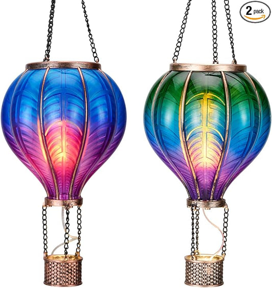 TERESA'S COLLECTIONS 2 Pack Hanging Solar Lantern Outdoor Garden Decor for Valentine ,Waterproof Plastic Hot Air Balloon Green Flickering Flame Effect Lantern for Yard Tree ,18"
