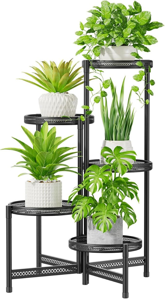 iDavosic.ly 5 Tier Large Plant Stand Indoor with 10 Inch Wide Tray, Tiered Corner Metal Outdoor Flower Display Holder Shelf, Folding Tall Rack for Patio Porch Balcony, Black Iron Carving