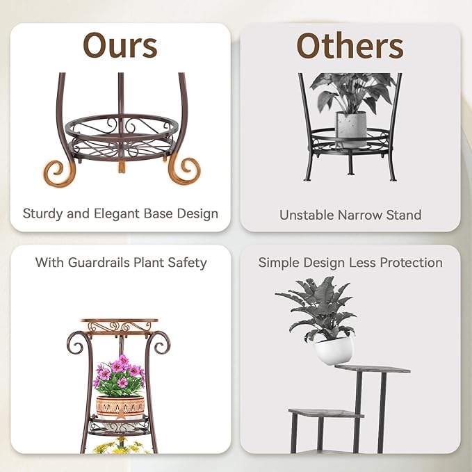 LASZOLA 3 Tier Bronze Metal Plant Stand for Multiple Large Planters Indoor Outdoor Organizer, Heavy Duty Tall Flower Stand for Corner Patio Bathroom Office, Modern Sturdy Vertical Iron Rack, Cat Proof