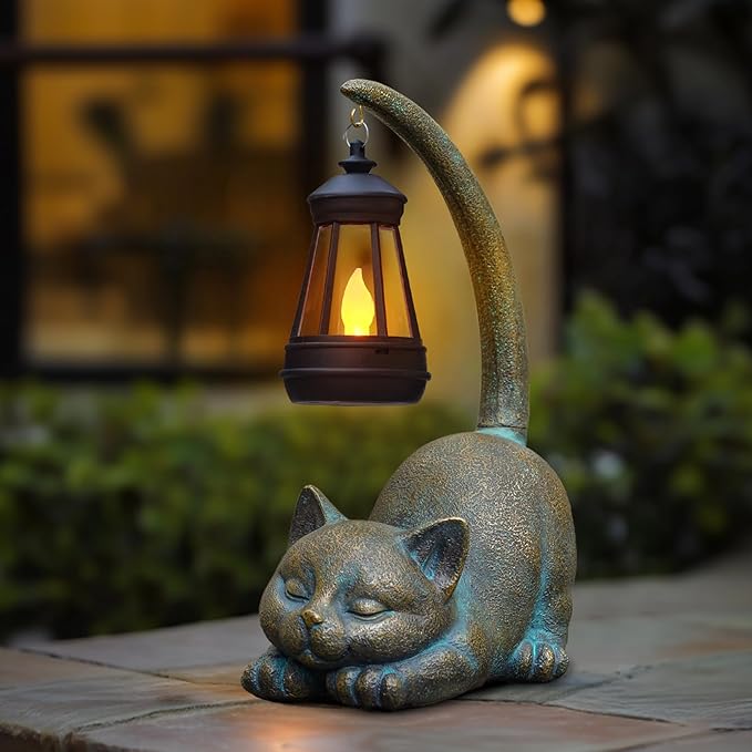 MININOVA Solar Garden Statues Cat Figurine with Solar Light Outdoor Decorations for Patio Yard Lawn Ornament Outdoor Housewarming Birthday Gift for Mom Grandma Friends