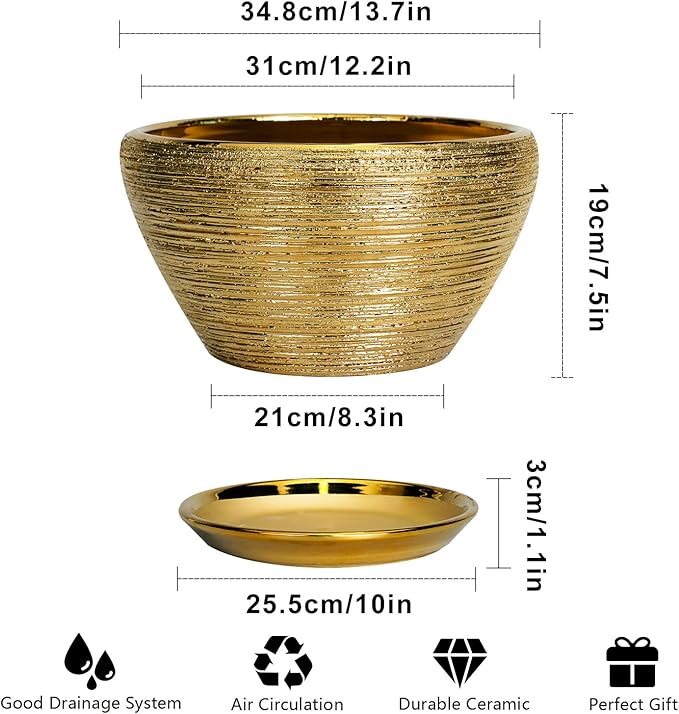 Ceramic Planter 13 Inch - Indoor Plant Pot with Drainage Hole and Saucer Large Ceramic Pot for Plants Mid-Century Decorative Modern Outdoor Flower Pot for Home Decor Gold