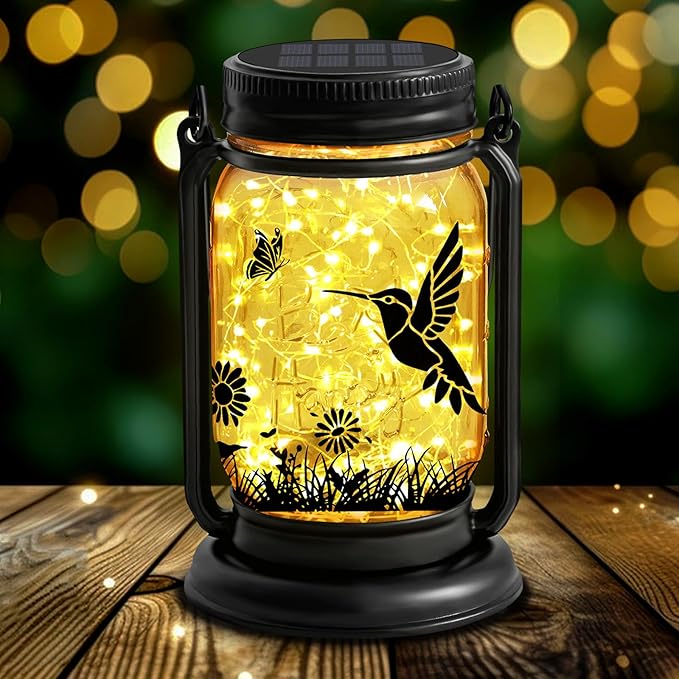 YJFWAL Hummingbird Solar Lanterns Outdoor Waterproof -Birthday, Mothers Day Gifts for Women Mom Grandma, Mason Jar Garden Lights for Patio, Yard, Porch, Balcony, Durable Garden Decor