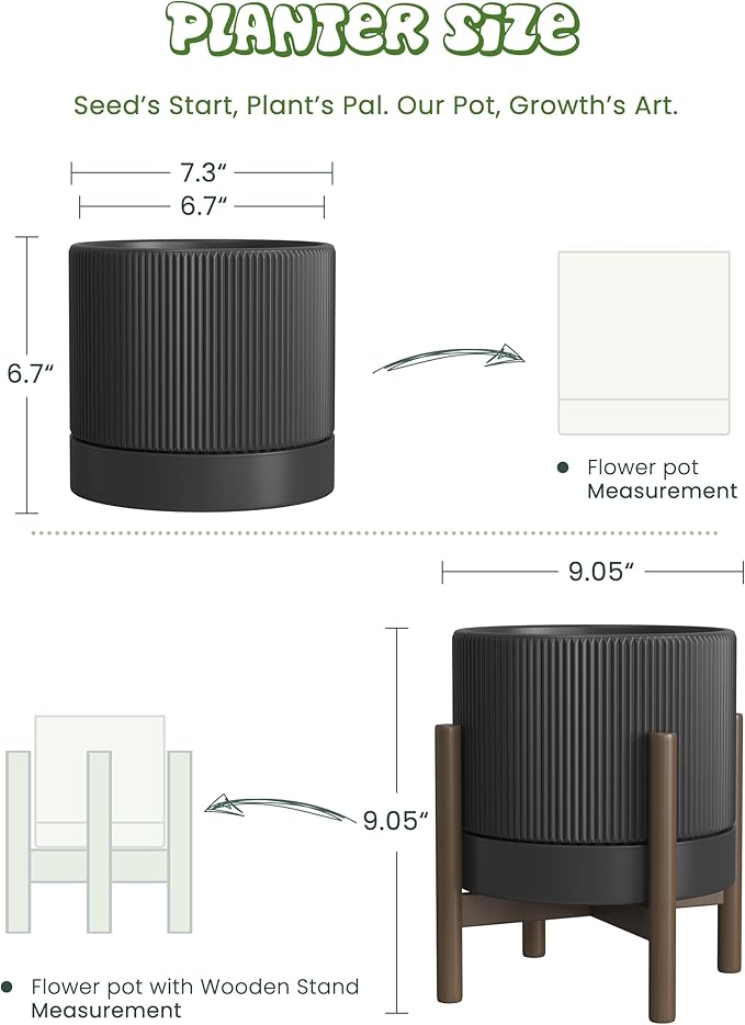 Ceramic Planter Pots Indoor with Drainage Hole & Saucer,Including Stand,7.3 Inch Mid-Century Modern Cylinder Plant Pot for Snake Flower Leaf