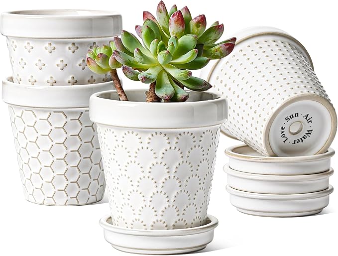LE TAUCI Ceramic Succulent Pots, 3 Inch Mini Flower Pots for Indoor Plant Cactus, Embossed Small Plant Pot with Drainage Hole & Saucer, Home Decor - Set of 4, Arctic White