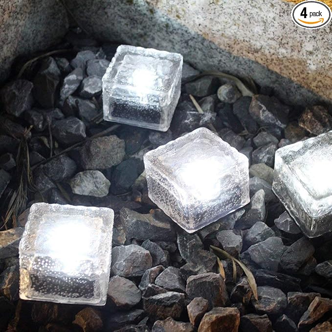 Solar Glass Brick Light - Solar Ice Cube LED Light - Crystal Brick Stone Lamp Garden Courtyard Pathway Patio Pool, Decorative Christmas Festives Ice Rock Cube Lights (4PCS White)