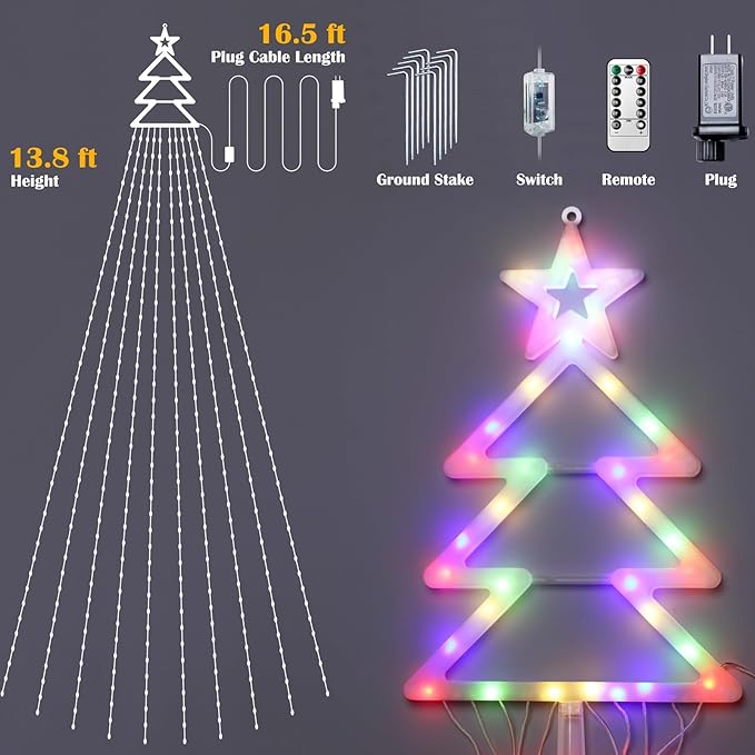 Outdoor Christmas Decorations Star String Lights 420 LED Waterproof Waterfall Lights with Christmas Tree Topper, Gorrzai 8 Lighting Modes Tree for Yard Patio Garden Party (Multi-Colored)