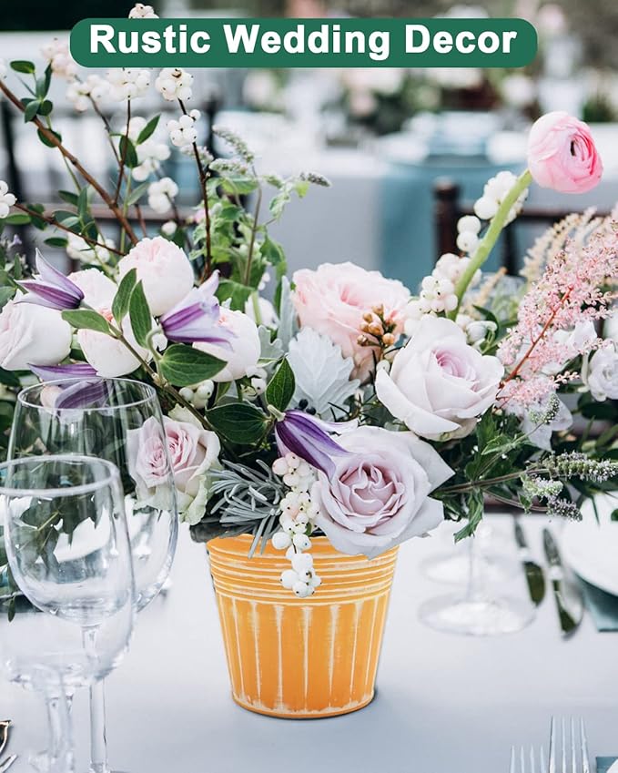 vensovo 6 Inches Orange Metal Rustic Flower Pots - 6 Pcs Small Galvanized Planters with Drainage Hole and Rubber Plug, Rustproof Tin Bucket Plant Pot Farmhouse Vintage Style for Decor