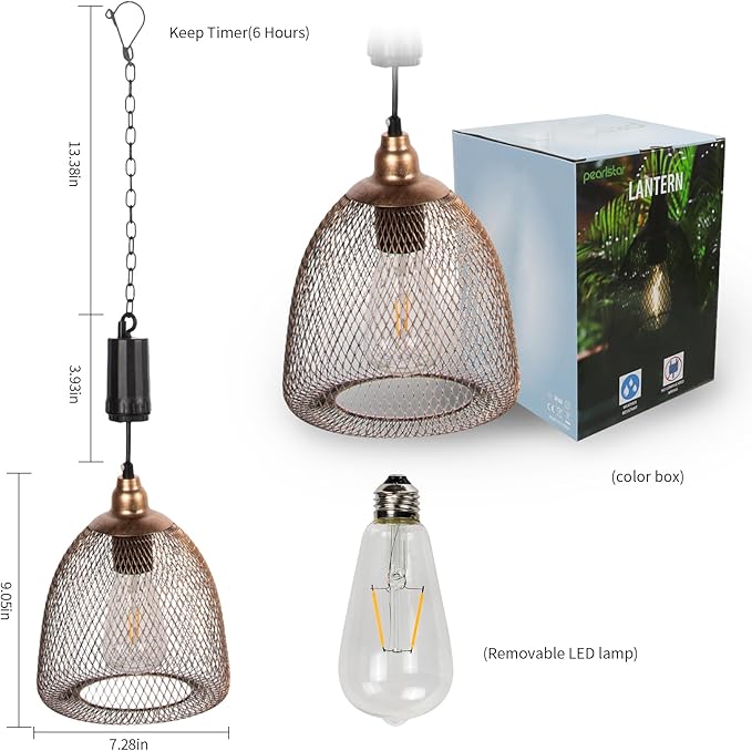 Battery Operated Hanging Light with 6 Hours Timer-Outdoor Indoor Pendant Chandelier Waterproof Lamp Lantern for Gazebo Porch Garden Patio Decorative Metal Warm White Bulb（Brown）