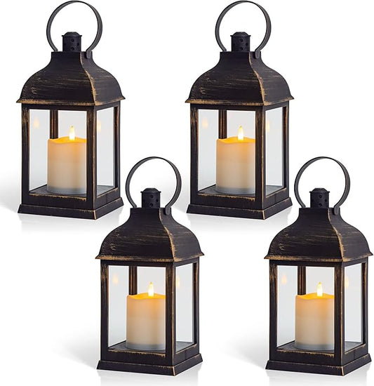 Vintage Lantern Decorative LED Flickering Flameless Candle with Timer, Battery Powered LED Decorative Hanging Golden Brushed Black Lanterns for Indoor Outdoor Garden Yard Home Decor(4 Pack)