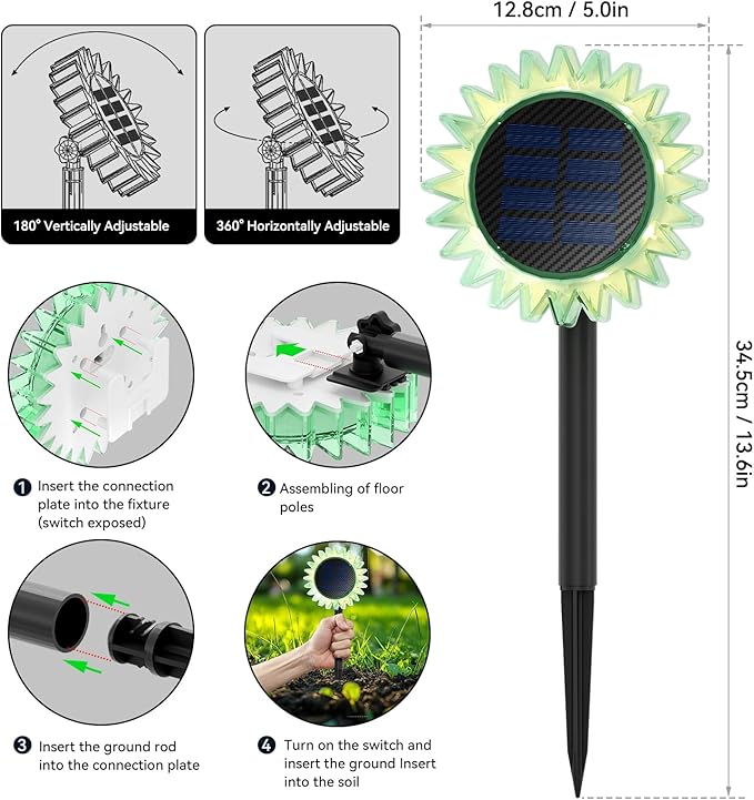 Outdoor Solar Lights, 6 Pack Led Solar Sunflower Lights, Stake/Wall 2-in-1 Waterproof Solar Garden Lights for Yard, Landscape, Fence, Patio, Driveway, Pathway, Backyard Decoration (Warm White)
