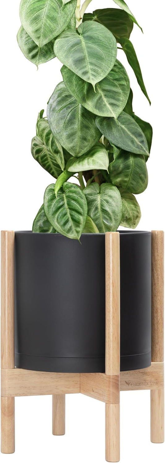 D'vine Dev Planter Pot with Stand - 10 Inch Plastic Cylinder Flower Pot with Wood Planter Holder for Indoor, Matte Black Pot + Natural Stand, 55-C-M-2