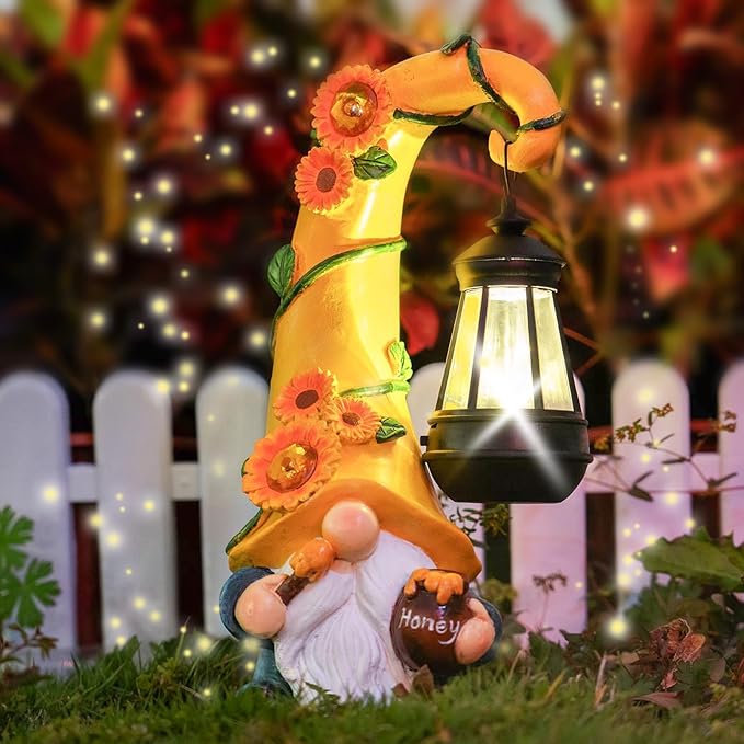 Twinbling12 Solar Sunflower Gnome Garden Statues Honey Bee jar Decor with LED Lantern Outdoor Summer Gnomes Decorations Patio Yard Balcony Art Gifts for Women Mom Grandma